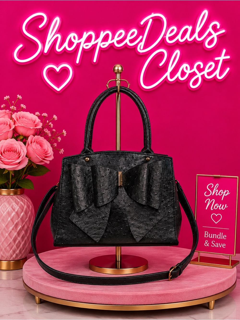 Crossi Black Faux Ostrich Double Bow Satchel Handbag – Vegan Leather